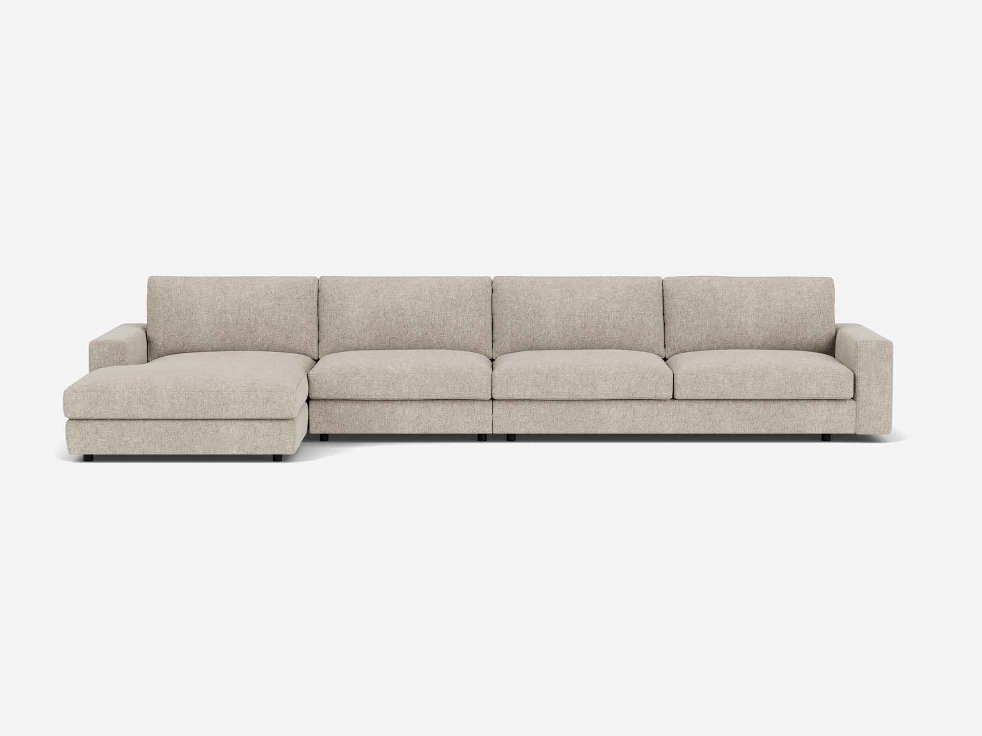 Front view of the modular sofa in light grey fabric with left hand chaise